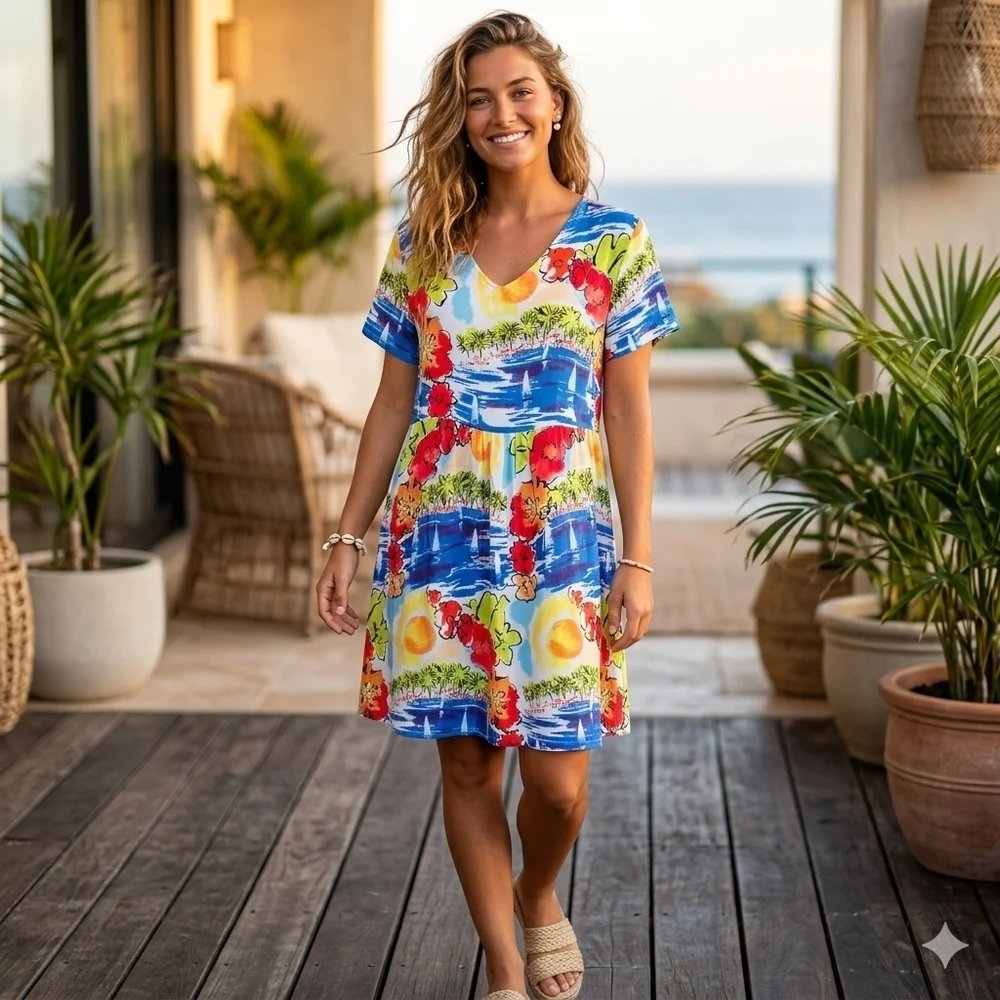 Loco Lindo Vintage Tropical Print Floral  Dress Size Large Short Sleeve Made Usa
